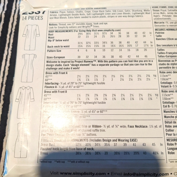 Simplicity 2337 project runway inspired size 2337 pattern only - Picture 2 of 2